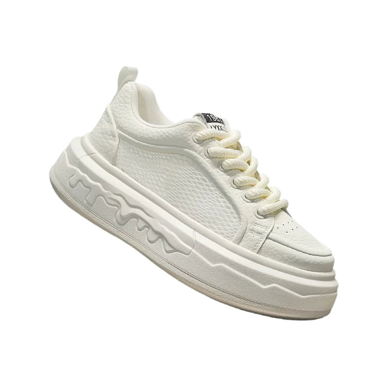 Men's Height-Increasing Platform Breathable Mesh Cut-Out White Sneakers Summer New