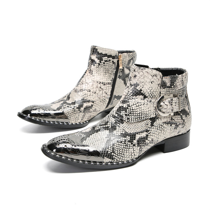 Retro snake pattern personality pointed toe Martin boots men's leather boots cowhide high-top leather shoes boots men's British zipper short boots