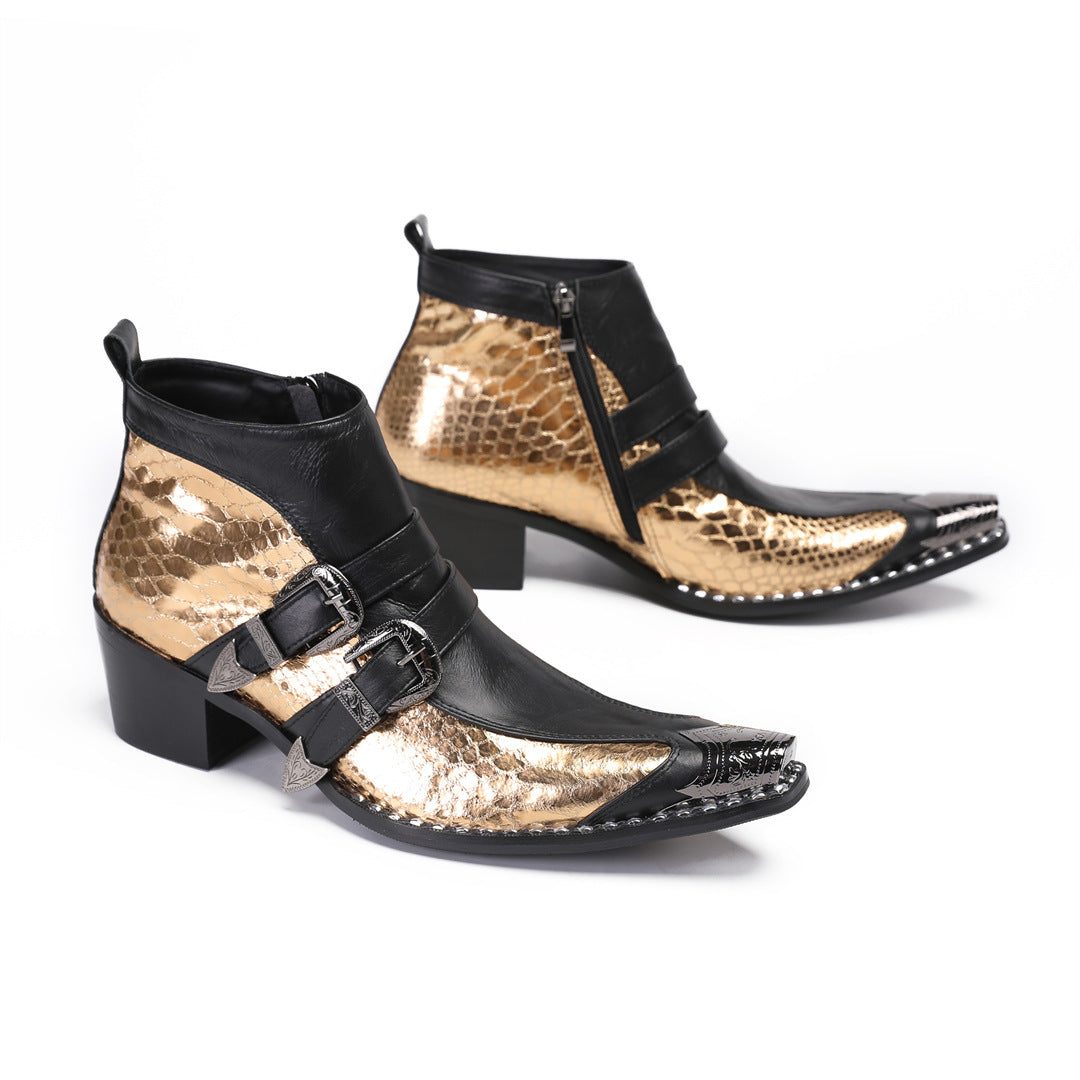 2024 autumn and winter fashion men's shoes fish scales gold glossy pointed leather shoes Korean version hair stylist nightclub performance shoes