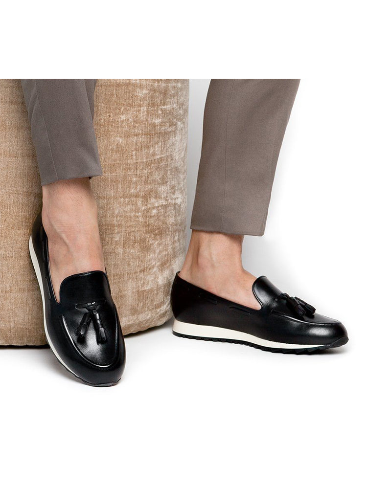 European and American style black nappa leather men's dad shoes black and white foam thick sole fashion tassel sneakers for men