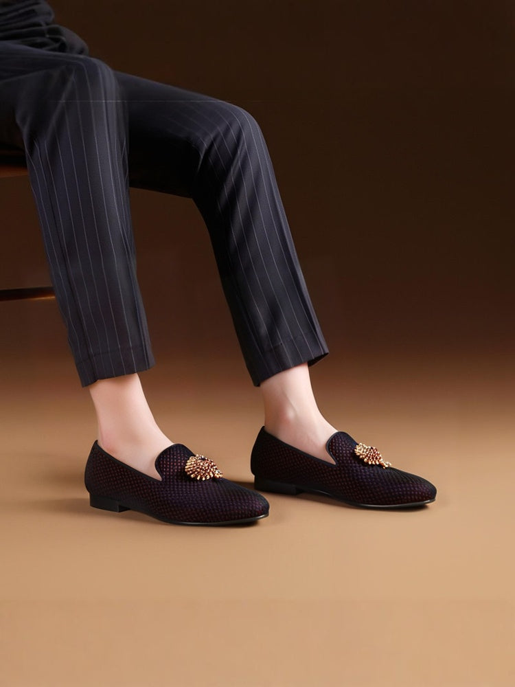 New imported red and black velvet men's smoking shoes exported to Europe and the United States rhinestone metal buckle formal loafers