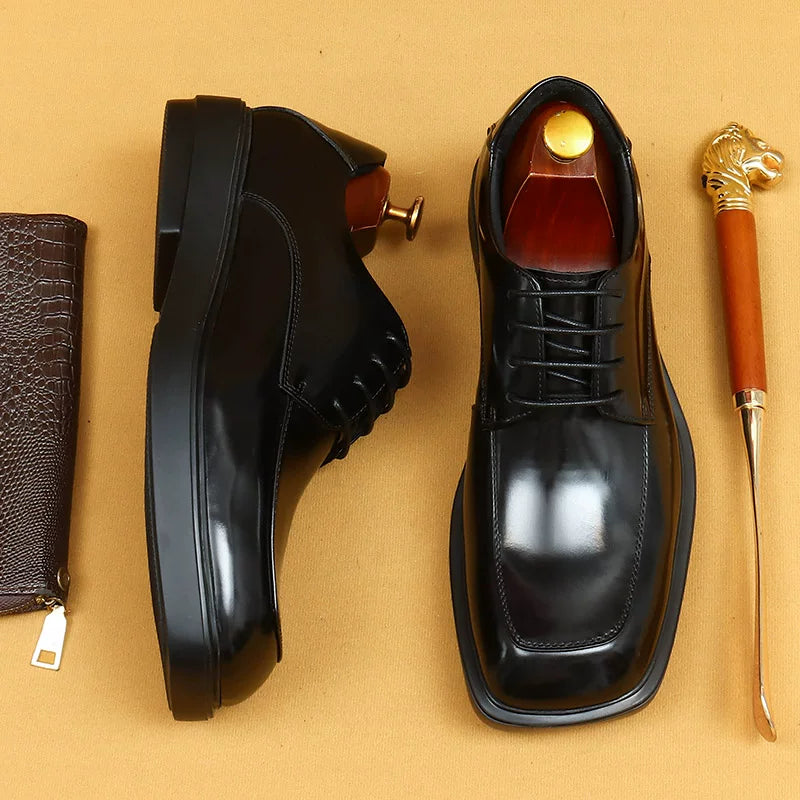 Men's Genuine Leather Derby Shoes, Square Toe, Glossy