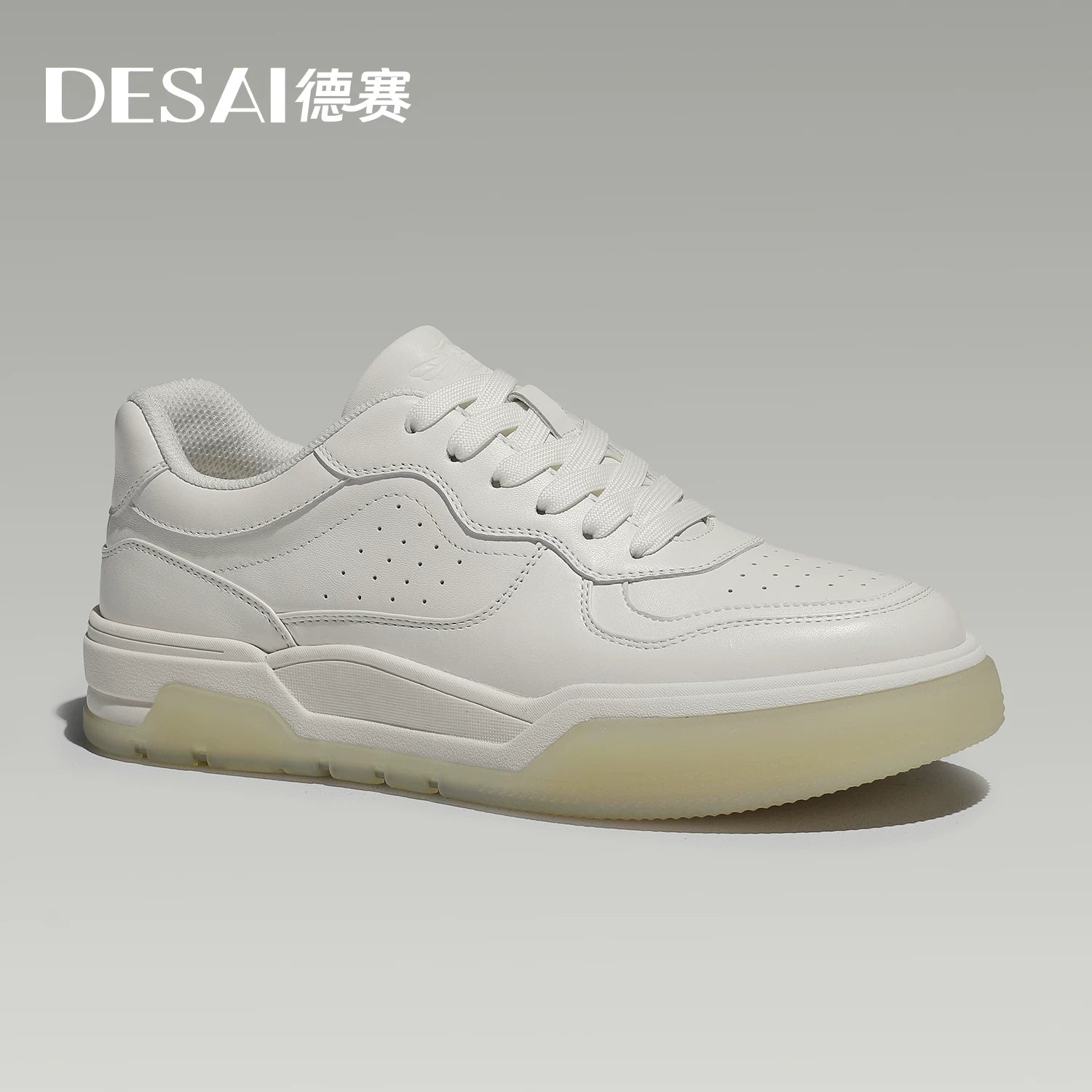 Men's White Genuine Leather Skate Shoes, Height Increasing, Thick Sole