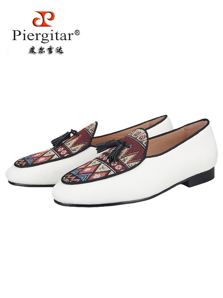 Italian design white canvas stitching ethnic knitted tassel loafers European and American style formal slip-on shoes