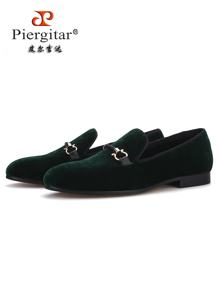 New dark green velvet loafers for men European and American style big-name metal buckle men's loafers slip-on casual shoes