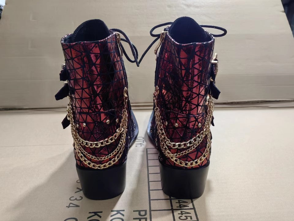 2024 new European and American autumn and winter side zipper solid color men's gold metal square heel winter trend pointed Martin boots large size