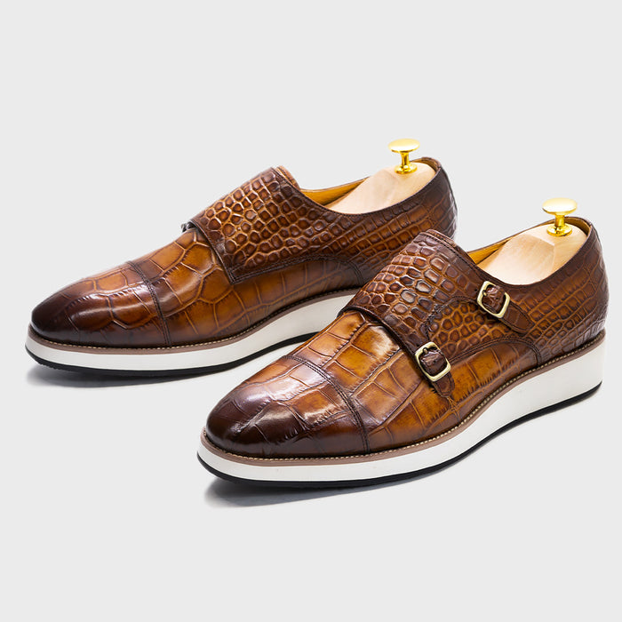 2025 Casual Leather Shoes Men's Genuine Leather Crocodile Pattern Embossed Double Buckle Pointed Men's Shoes Height Increasing Non-Slip Wear-Resistant Outsole