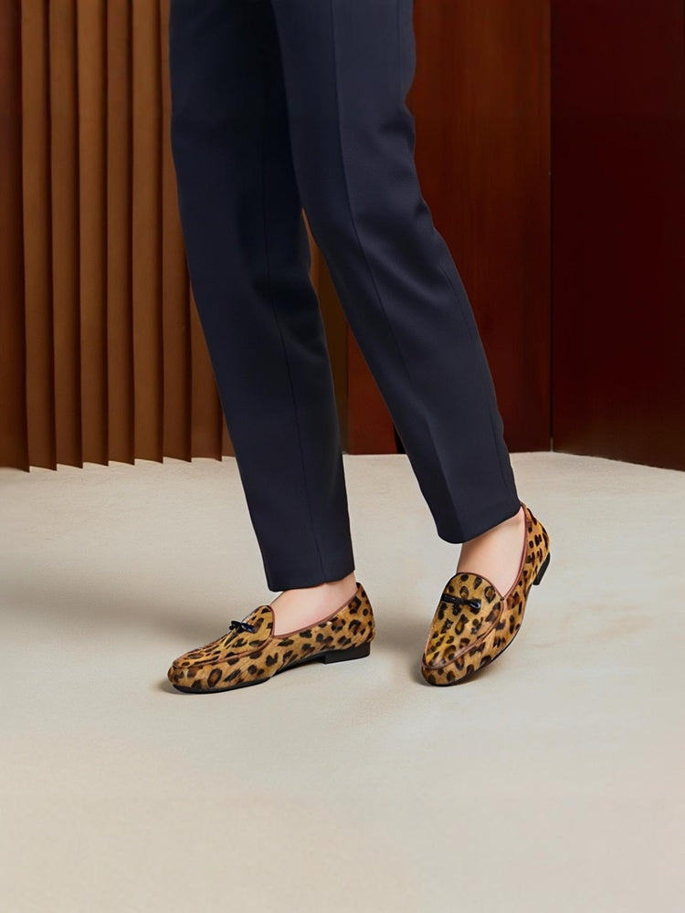 New European and American export wild leopard pattern men's loafers handmade genuine leather small bow tie slip-on shoes for men