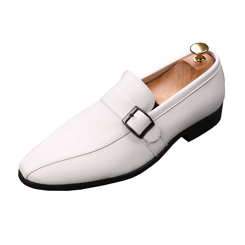 Men's White Leather Shoes, Height Increasing, Pointed Toe