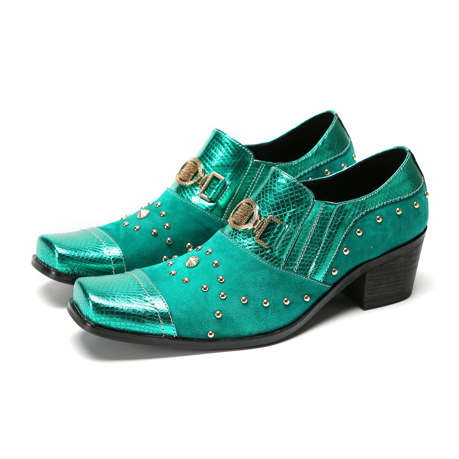 European Station 2023 Autumn New Business Leather Shoes Men's Shoes Square Toe Rivets Derby Shoes Thick Sole Formal Green Shoes Trendy Shoes