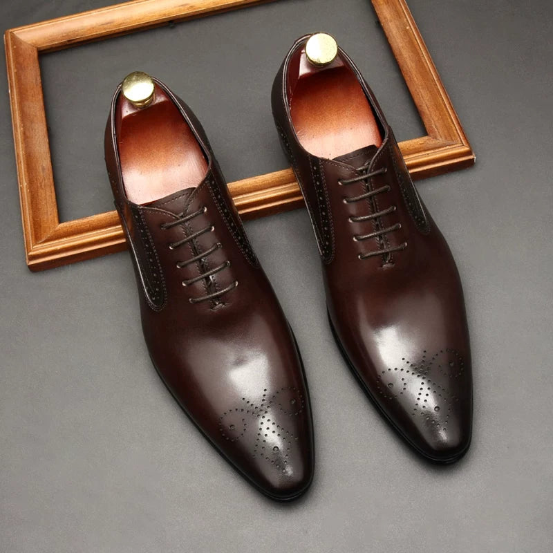 Men's Genuine Leather Derby Shoes, Pointed Toe, Lace-Up