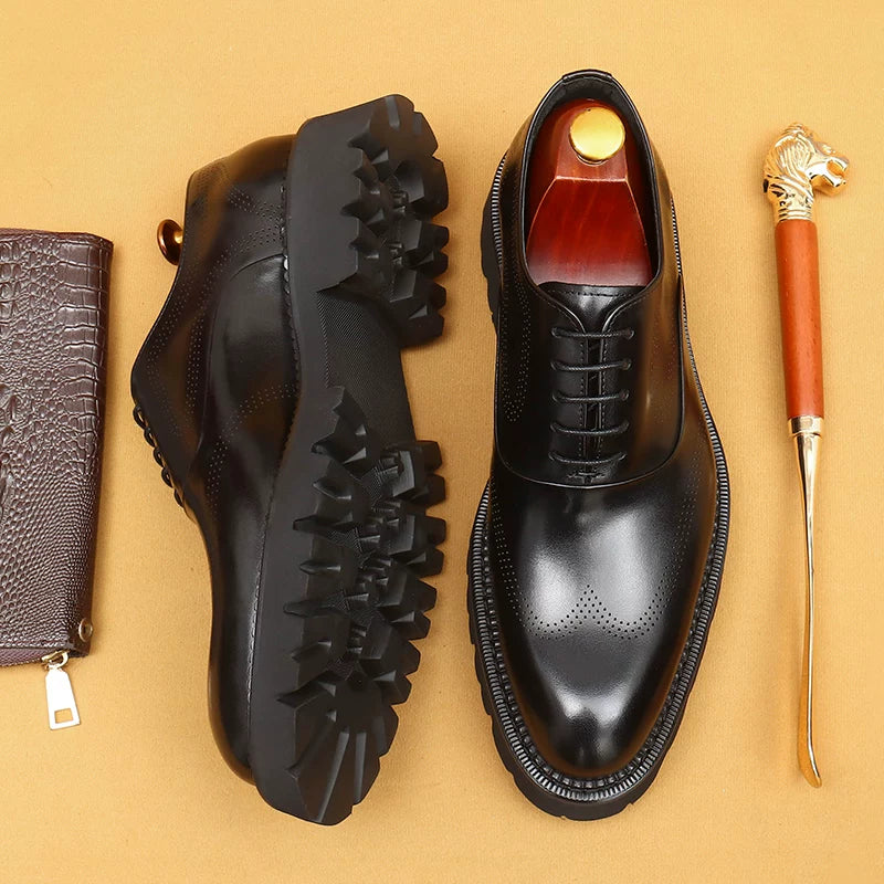 Men's Brown Genuine Leather Leather Shoes, Height Increasing, Thick Sole