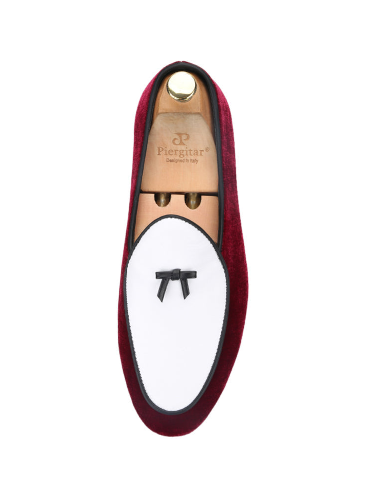 European and American trendy wear burgundy velvet stitching white cowhide men's loafers leather bow tie Belgian shoes