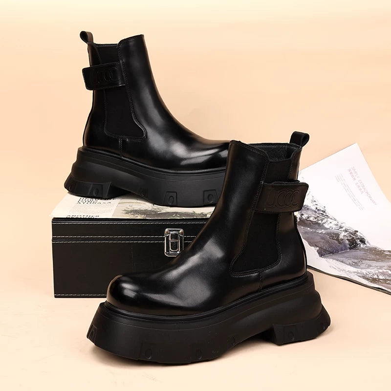 Men's Genuine Leather Martin Boots, Height Increasing, Thick Sole