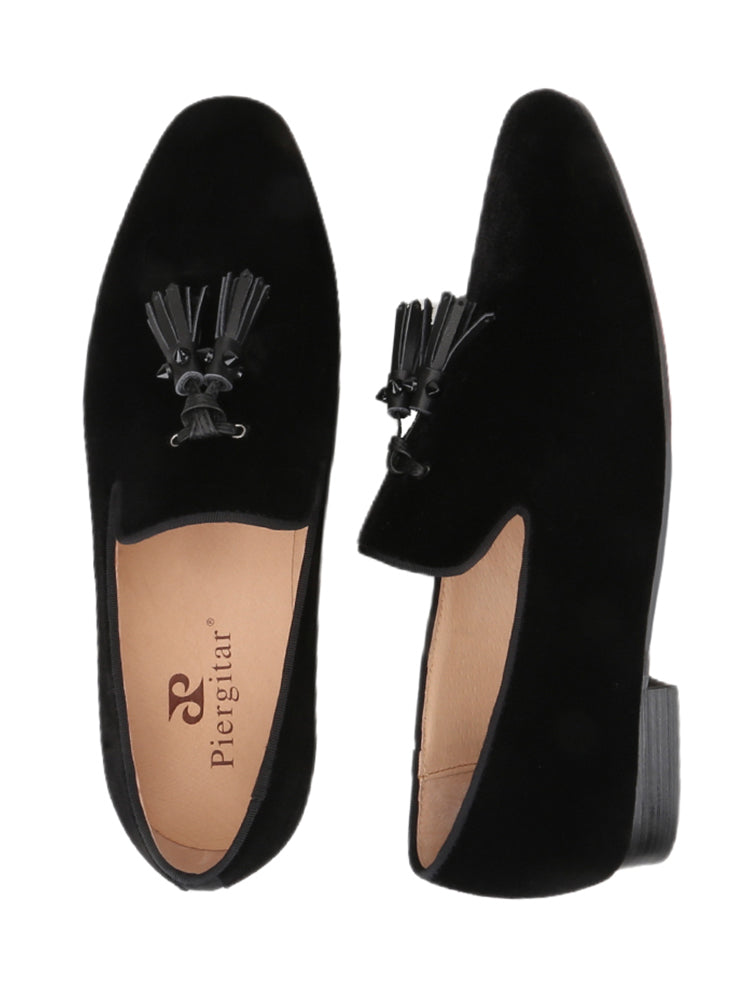 Summer men's velvet loafers, handmade cowhide rivets, tassels, European and American trendy slip-on red-soled shoes for men