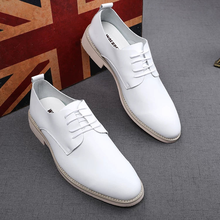 Men's White Genuine Leather Wedding Shoes, Height Increasing, Soft Sole