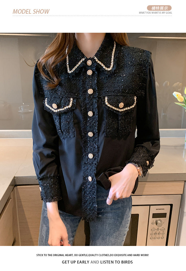 2024 autumn new design sense niche foreign style long sleeve heavy silk shirt women's small fragrant top