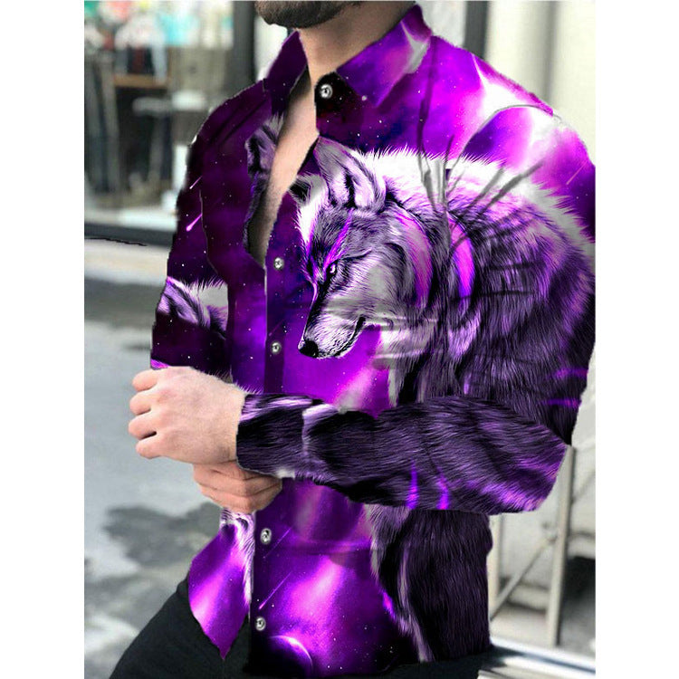2024 Foreign trade cross-border solid color slim spot all-purpose cotton casual lapel animal print youth shirt