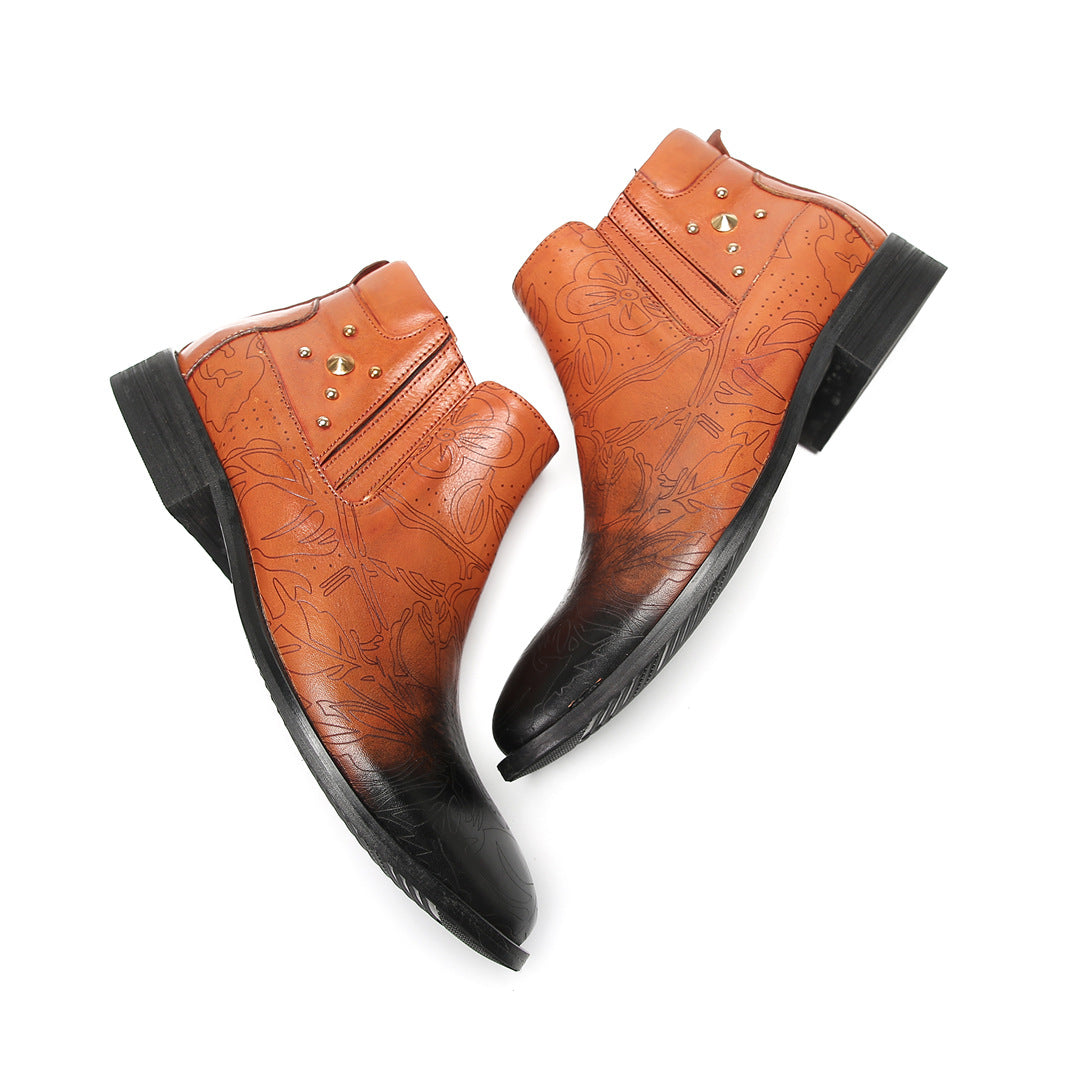 Men's Brown Leather Boots – Embroidered, Retro