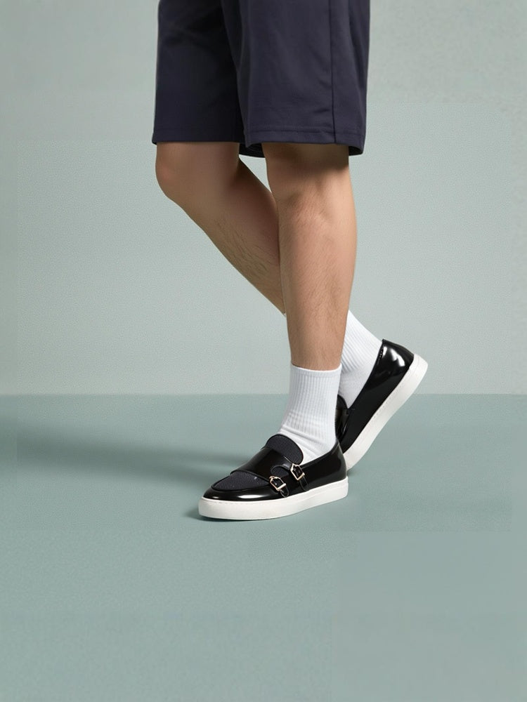 New first-layer cowhide stitching denim men's casual sneakers with genuine leather lining and breathable white thick soles