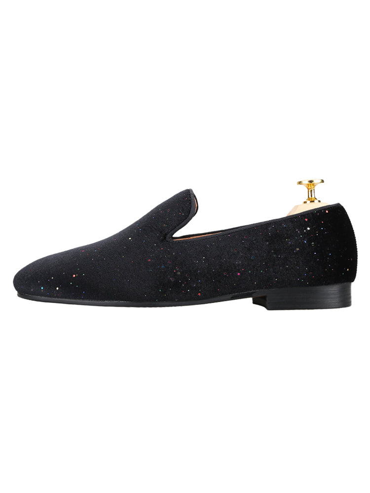 Flash diamond design black velvet men's loafers wedding party European and American style smoking shoes summer breathable leather lining