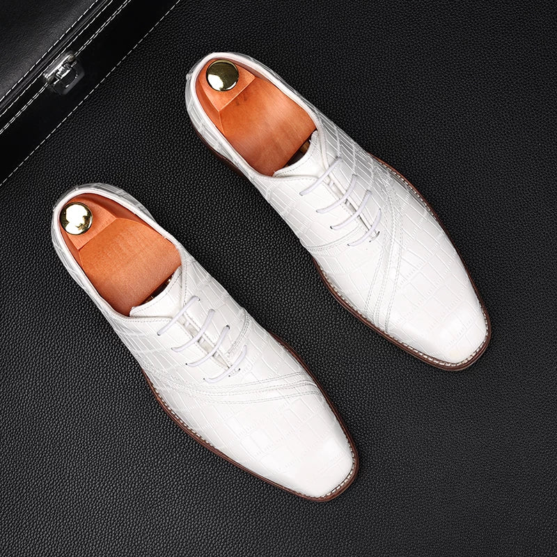Men's White Leather Shoes, Height Increasing, Square Toe
