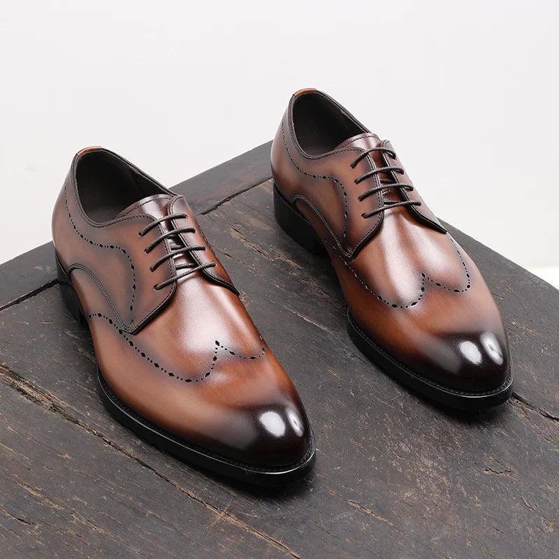 Men's Brown Genuine Leather Derby Shoes, Handmade, Pointed Toe