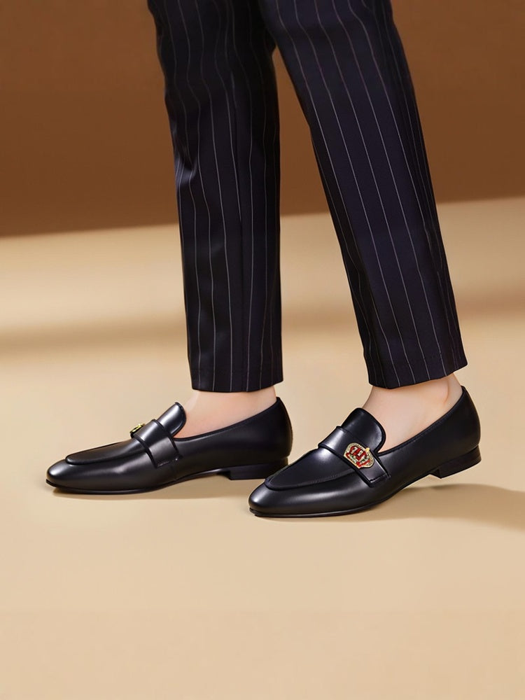 Black first-layer cowhide men's slip-on loafers handmade small crown Indian silk wedding banquet smoking shoes