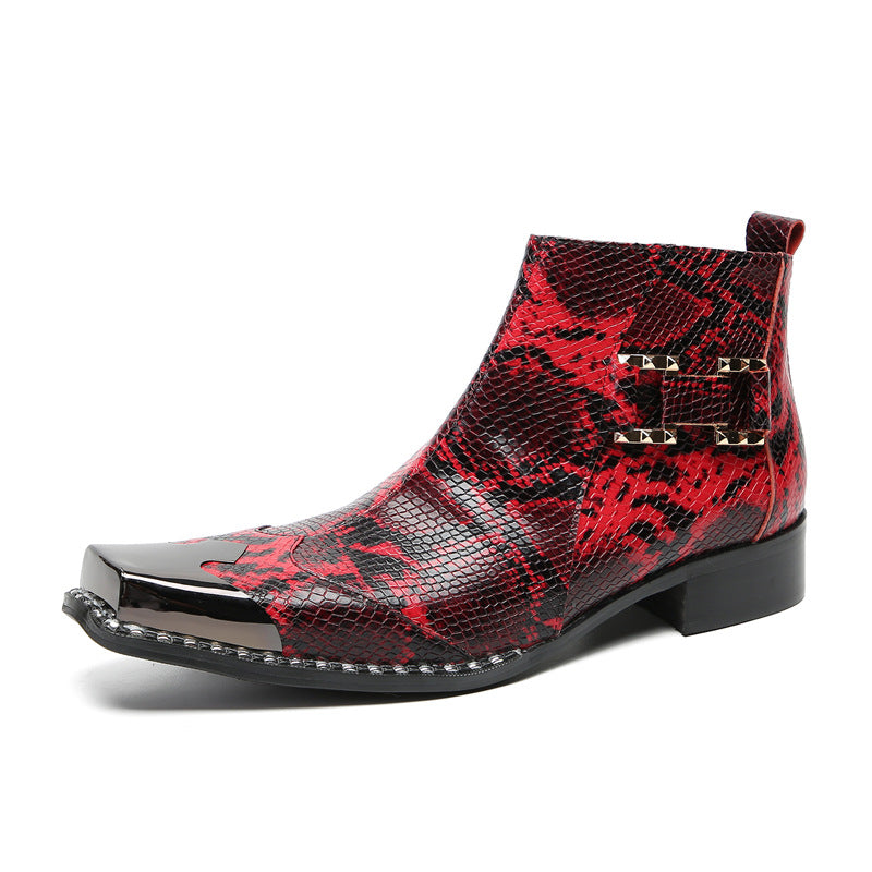 Red Business Chelsea Short Boots Men's Snakeskin Pattern Cowhide Pointed High Top Leather Shoes Fleece Warm Dress Leather Boots