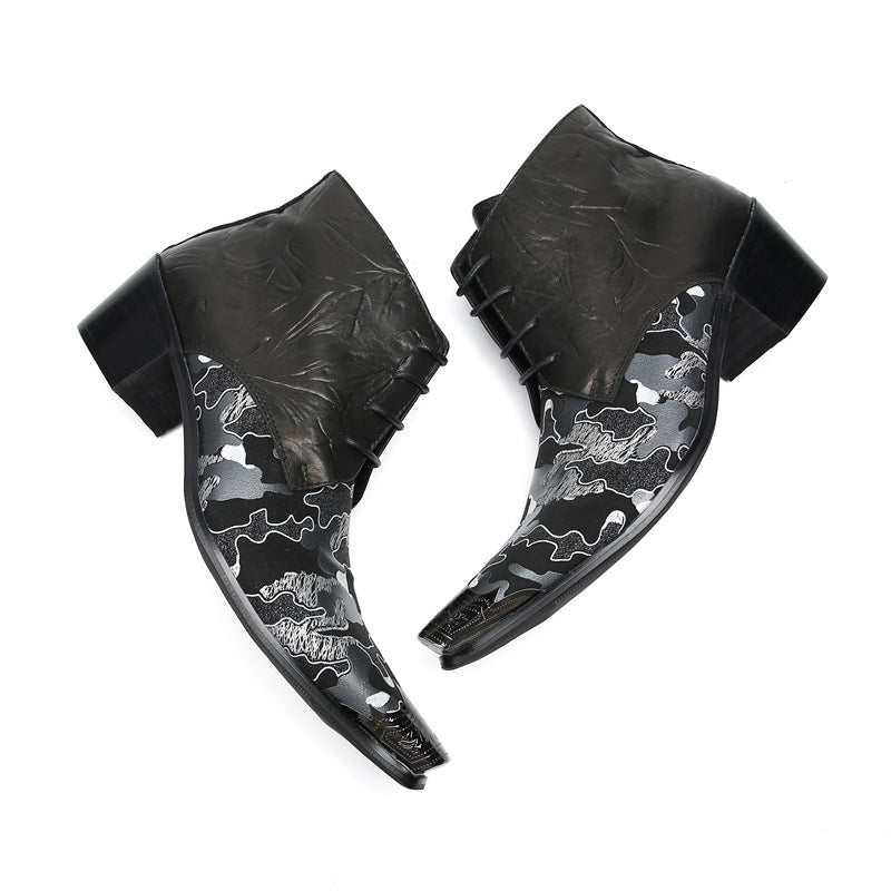 High-top shoes men's velvet autumn and winter leather printing trendy brand short boots British style Martin boots wear-resistant men's casual shoes