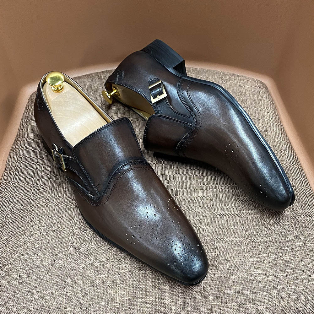 New Men's Pointed Toe Business Casual Men's Shoes Formal Leather Shoes Slip-on British Trend Buckle Men's Shoes Genuine Leather