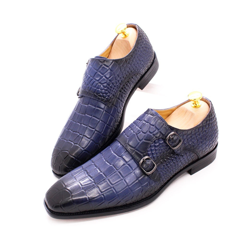 2024 Italy Handmade Genuine Leather Men's Shoes Business Double Buckle Crocodile Pattern Monk Meng Ke Shoe Cover Foot Formal Wear Leather Shoes Men