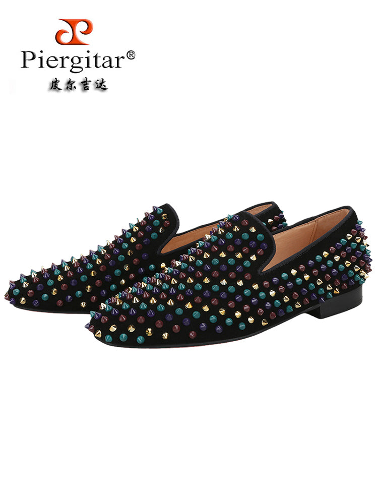 New imported black nubuck leather multi-color rivet handmade loafers European and American fashion party style slip-on trendy shoes for men