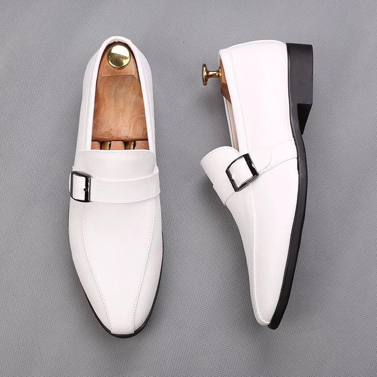 Men's White Leather Shoes, Height Increasing, Pointed Toe