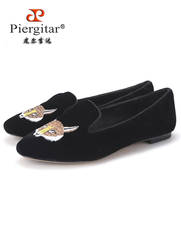 Velvet fox embroidered women's shoes European and American trend flat loafers British fashion comfortable velvet shoes