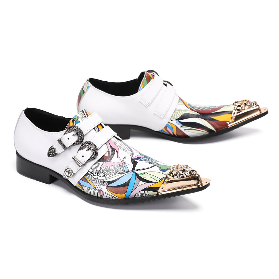 British leather shoes spring men's color matching white brown cowhide business casual single shoes Brock engraved retro formal men's shoes