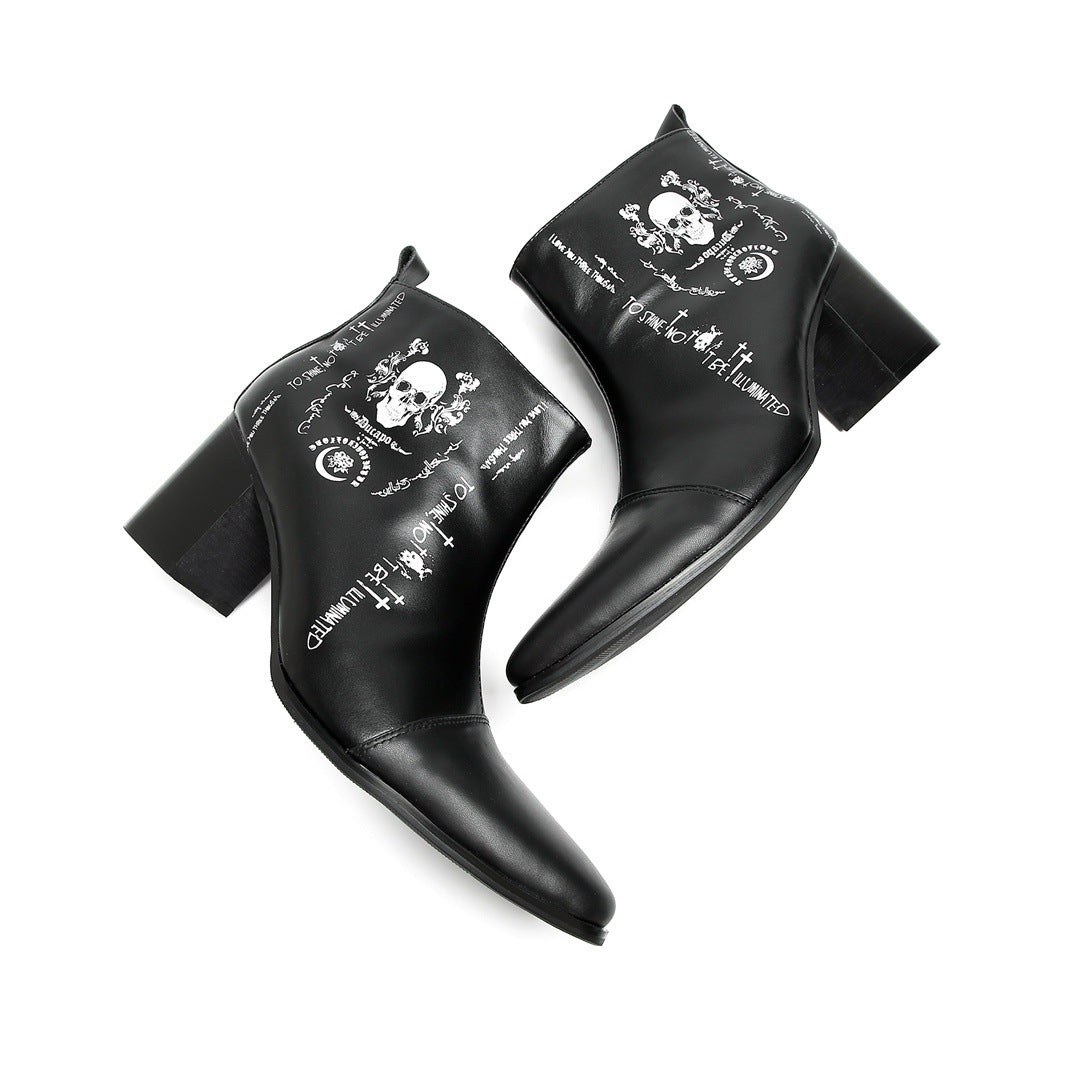 Foreign trade riding boots cowhide short boots men's Roman heightening leather boots printed trendy shoes black Roman fashion men's boots personality