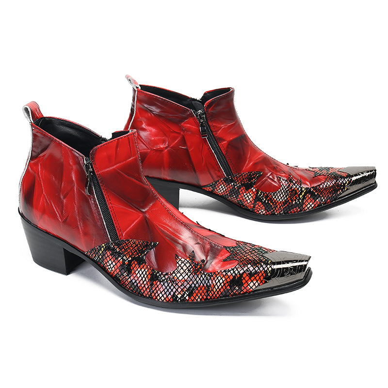 Chinese red printed work boots American retro men's boots high-top Martin boots increased pointed toe men's short boots Roman style