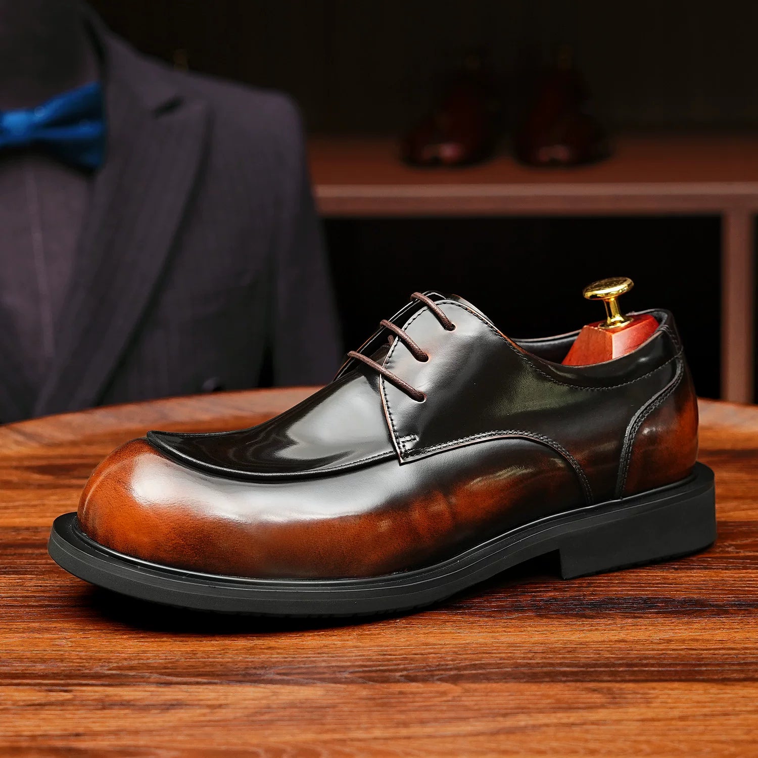 Men's Genuine Leather Derby Shoes, Round Toe, Glossy