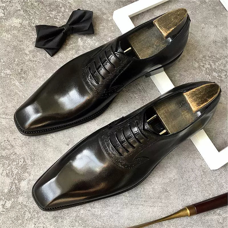 Men's Genuine Leather Derby Shoes, Square Toe, Lace-Up