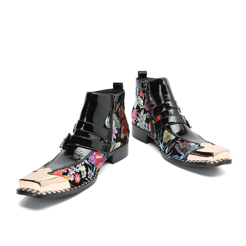 Printed new handmade shoes brand British thick-soled Chelsea boots men's trendy cowhide Martin boots square toe high-top short boots