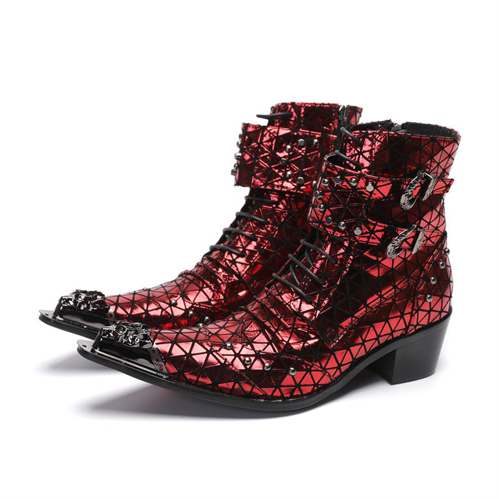 2025 New Pointed Toe Chelsea Boots Autumn and Winter Mid-High Top Business Men's Boots British Short Boots Large Size Red Leather Shoes