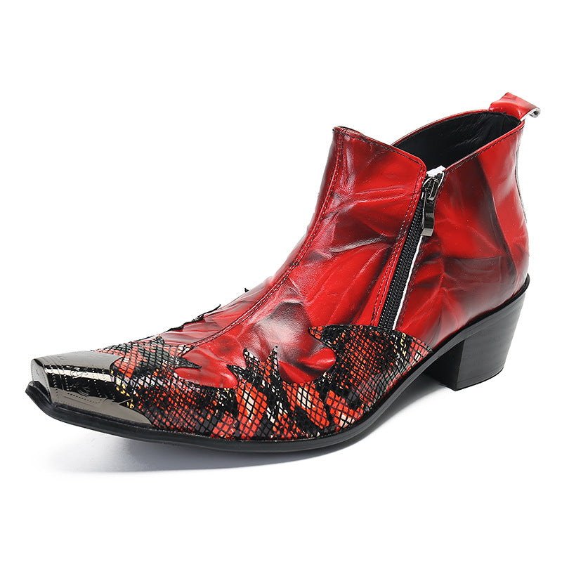 Chinese red printed work boots American retro men's boots high-top Martin boots increased pointed toe men's short boots Roman style