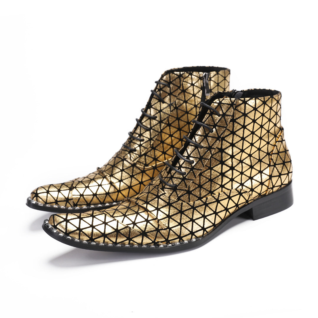 Men's Gold Leather Boots – British Style, Height Increasing