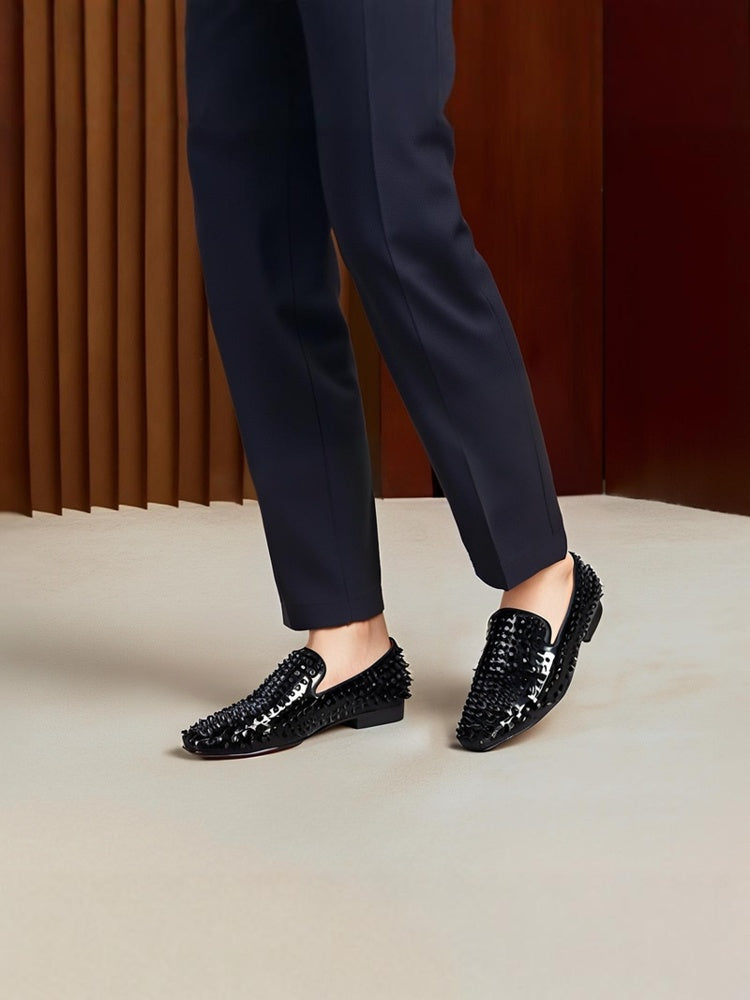 PIERGITAR men's patent leather handmade loafers European and American style black rivet shoes large size one-leg trendy shoes for men