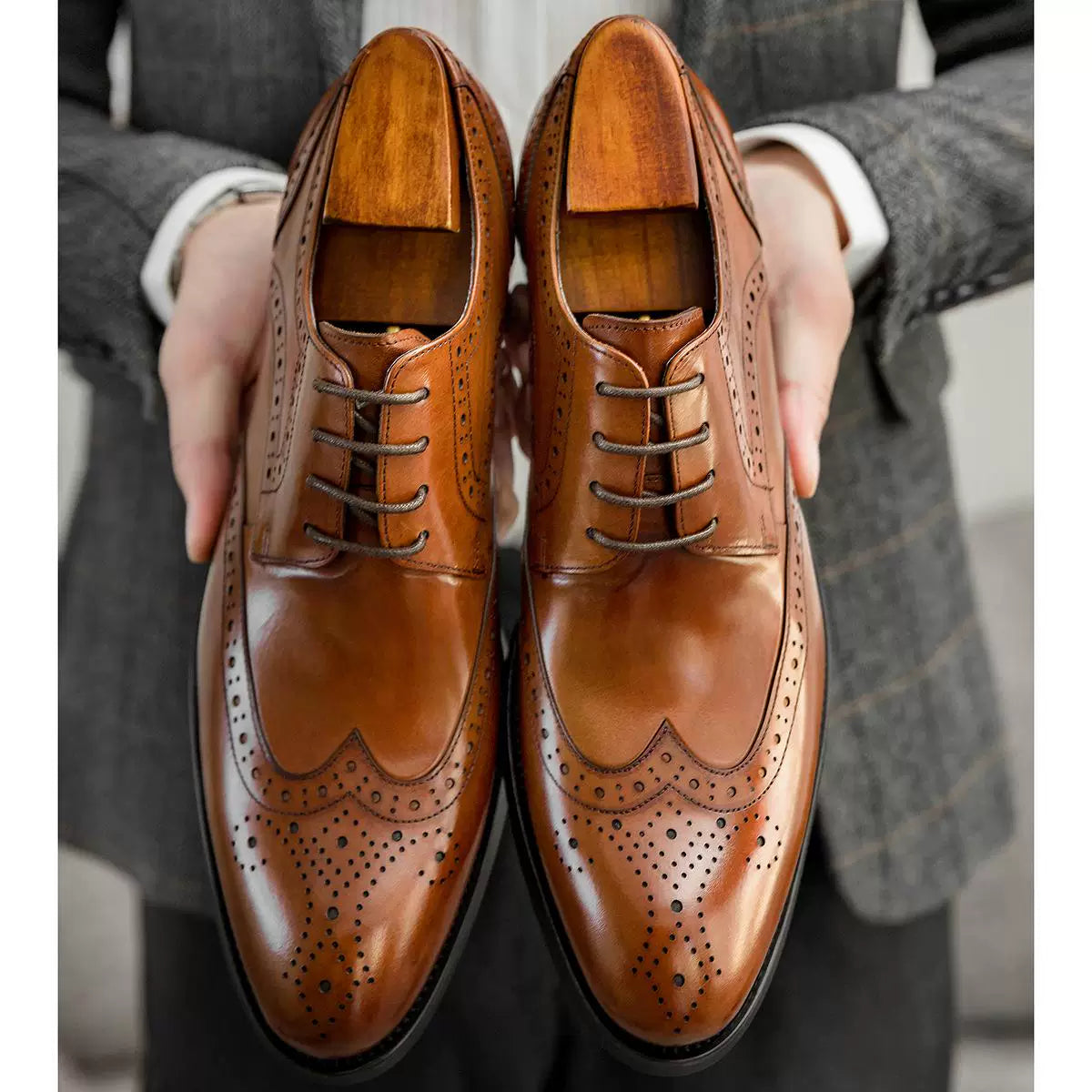 Men's Genuine Leather Derby Shoes, Pointed Toe, Lace-Up