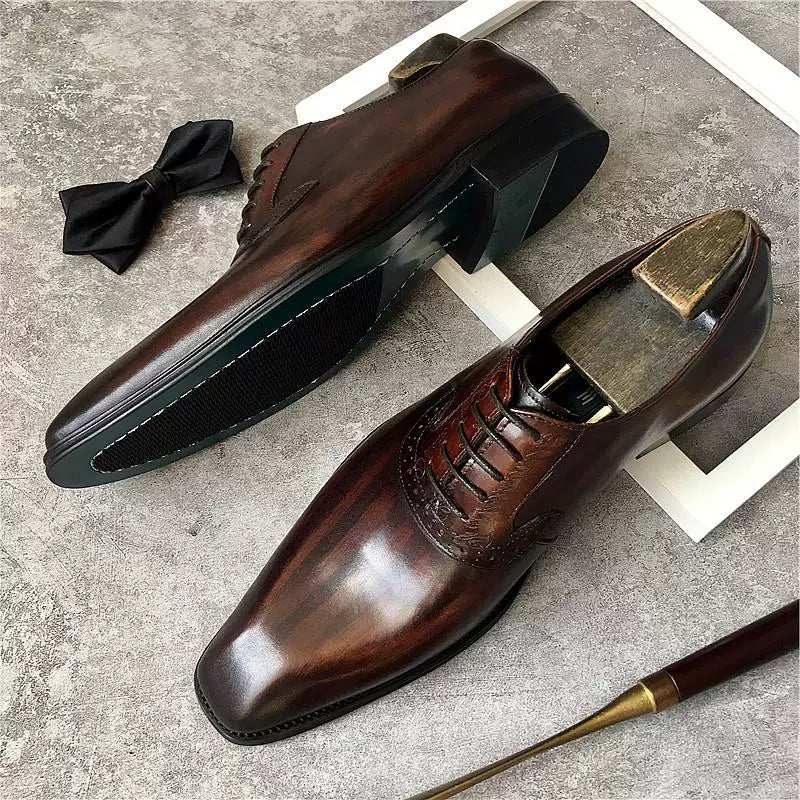 Men's Genuine Leather Derby Shoes, Square Toe, Lace-Up
