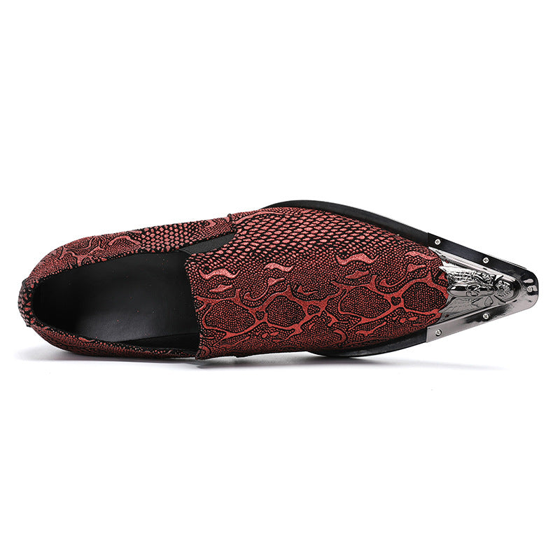 Men's Red Shoes – Pointed Toe, Crocodile Pattern – Style 69