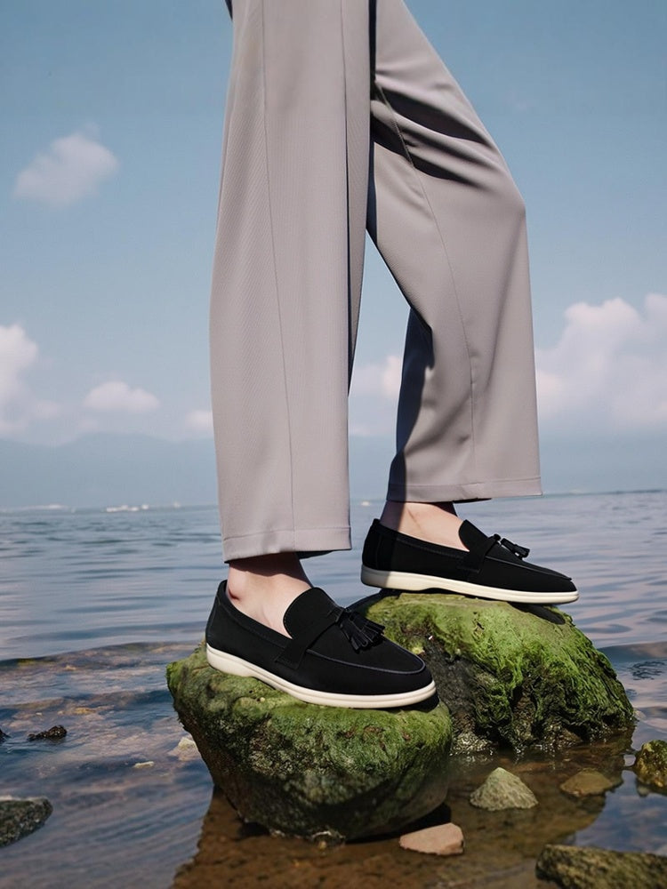 Luxury trendy big brand same style black nubuck leather first layer cowhide men's fashion shoes classic tassel style dad shoes for men