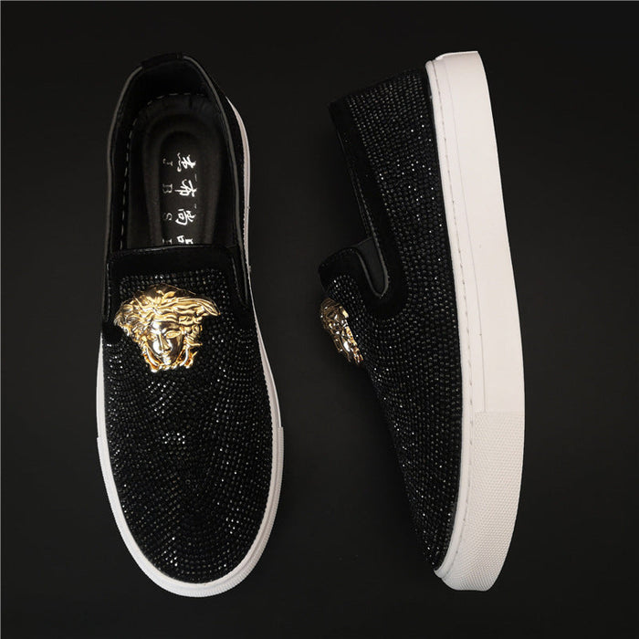 European station hip-hop men's loafers with one pedal and lazy shoes, fashion overshoes, rhinestones and nightclubs, hip-hop men's shoes.(P)